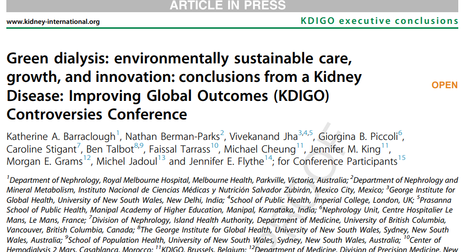 Green dialysis: environmentally sustainable care, growth, and innovation: conclusions from a Kidney Disease: Improving Global Outcomes (KDIGO) Controversies Conference 